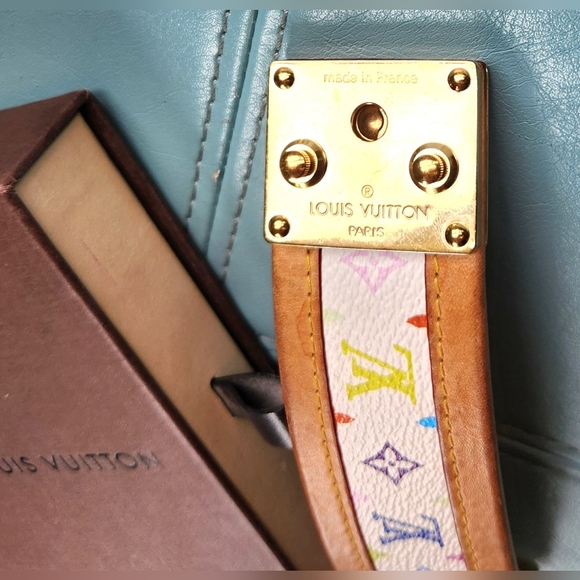 VTG LOUIS VUITTON White Monogram Multicolor 2004 Wide Gold Chunky Latch Bracelet - Picture 12 of 16
